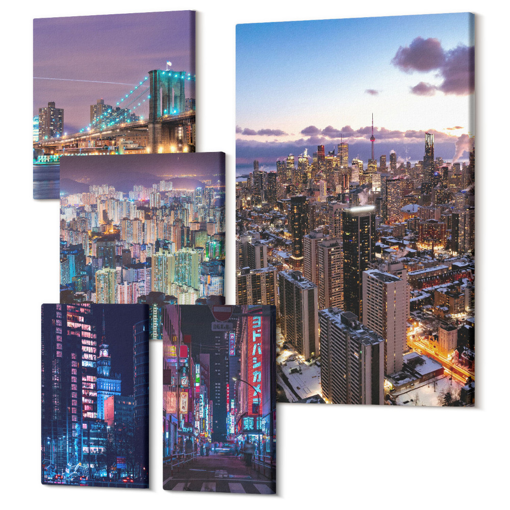 Öt részes vászonkép Modern városi éjszakai tájak neonfényekkel és felhőkarcolókkal