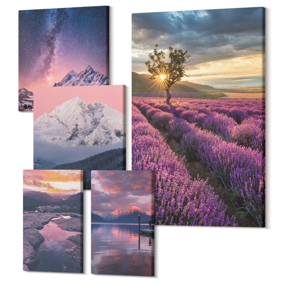 Öt részes vászonkép szett Természeti tájak levendulamezőkkel és hegyekkel