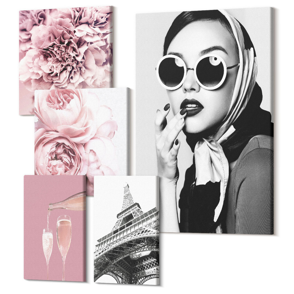 Öt részes vászonkép szett Stílusos portrék és virágos díszítések rózsaszín tónusokban