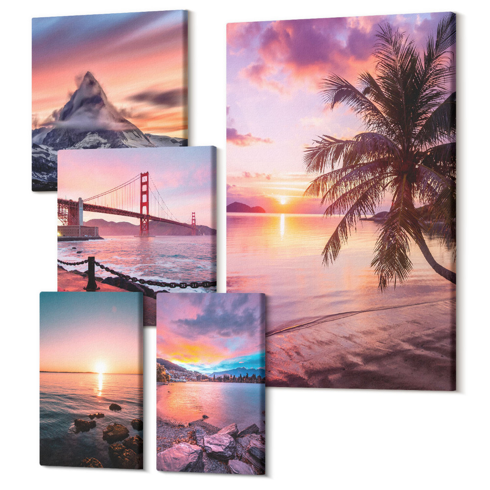 Öt részes vászonkép szett Tengerparti táj pálmafákkal és kilátással a hegyekre