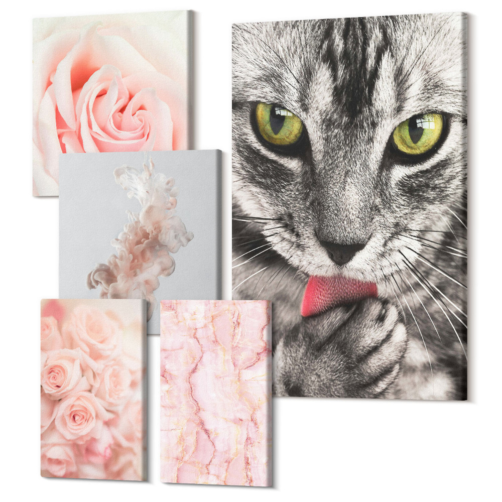 Öt részes vászonkép szett Macskák és rózsák finom rózsaszín árnyalatokban