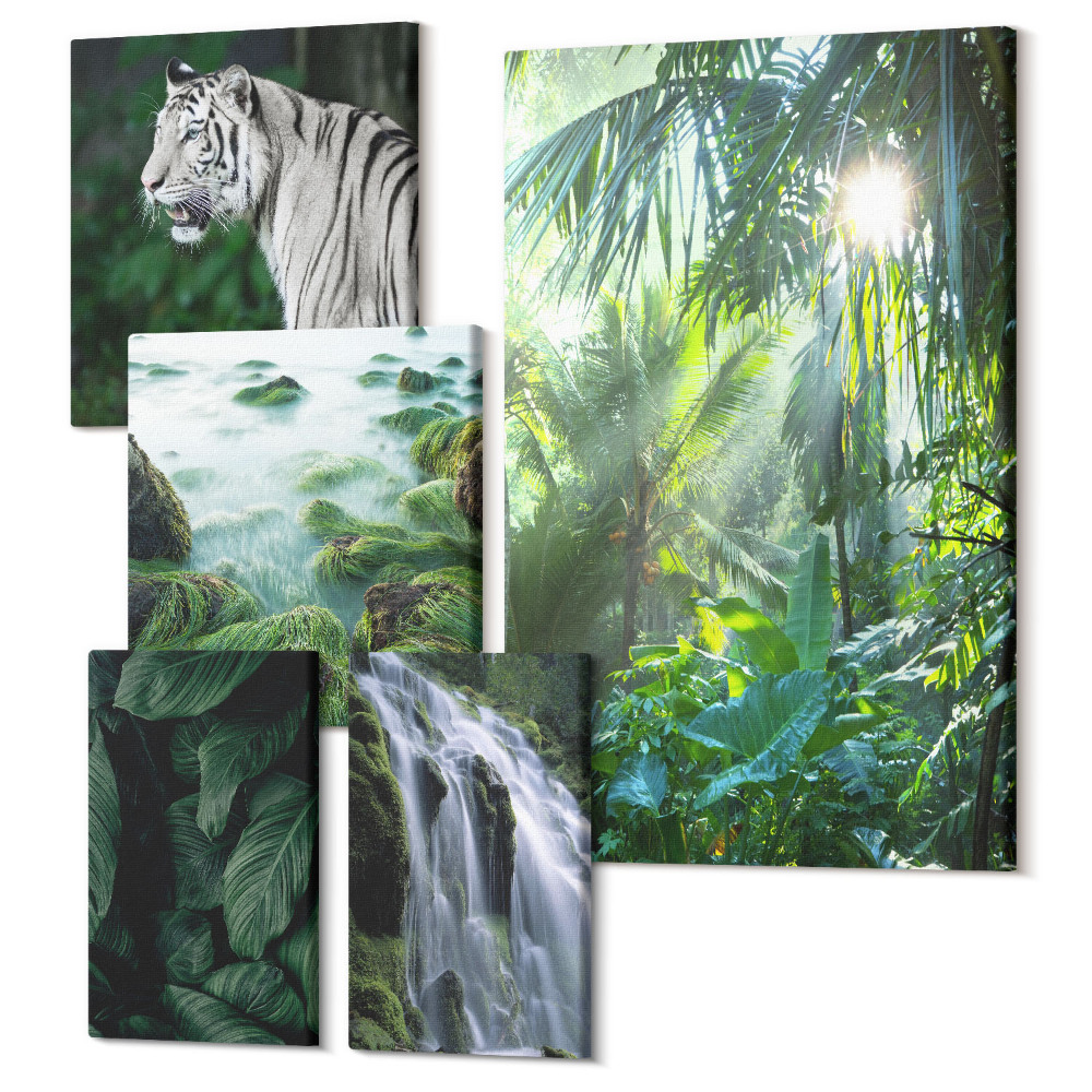 Öt részes vászonkép szett Trópusi természet vadon élő állatokkal és vízesésekkel