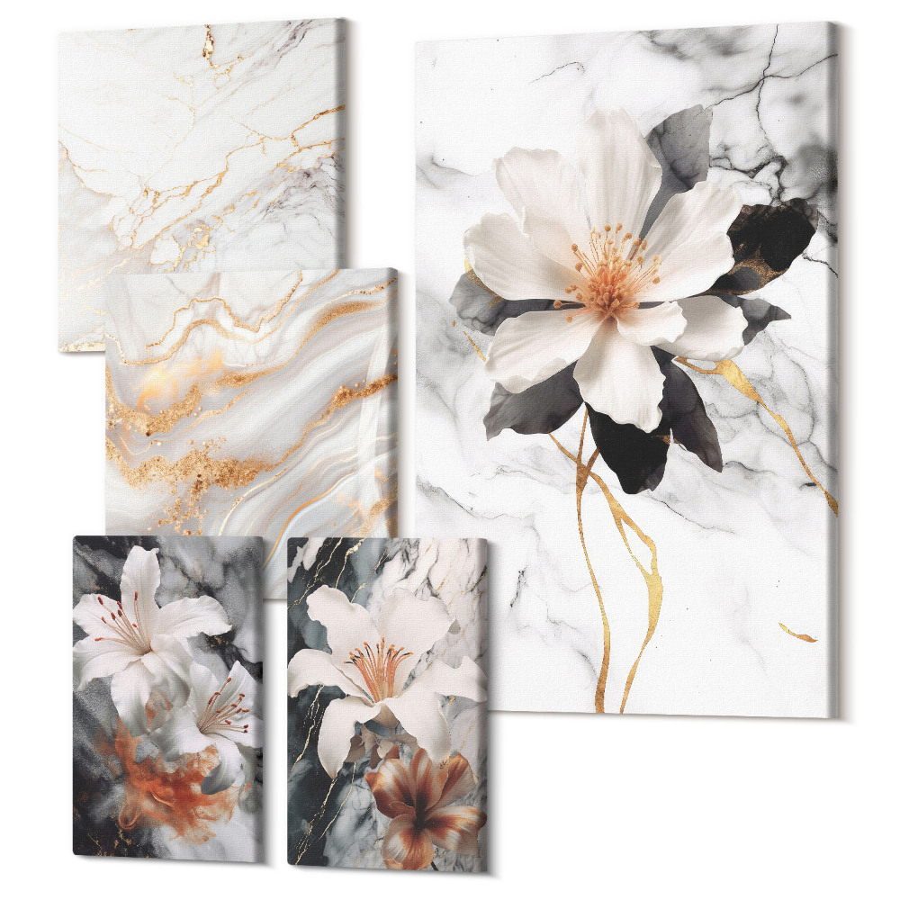 Vászonkép ötrészes Virágos motívumok márvány alapon elegáns stílusban