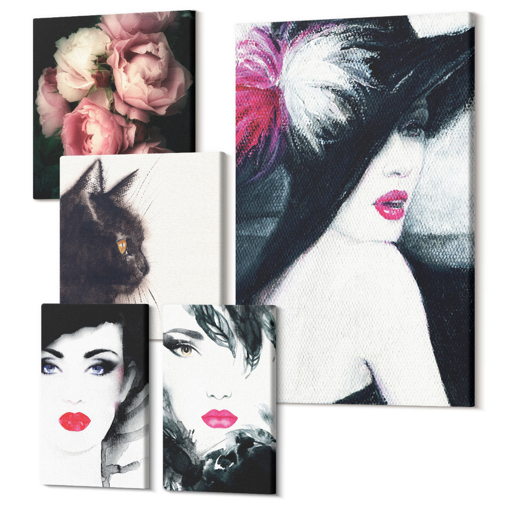 Öt részes vászonkép Stílusos portrék nőkről rózsákkal és macskával