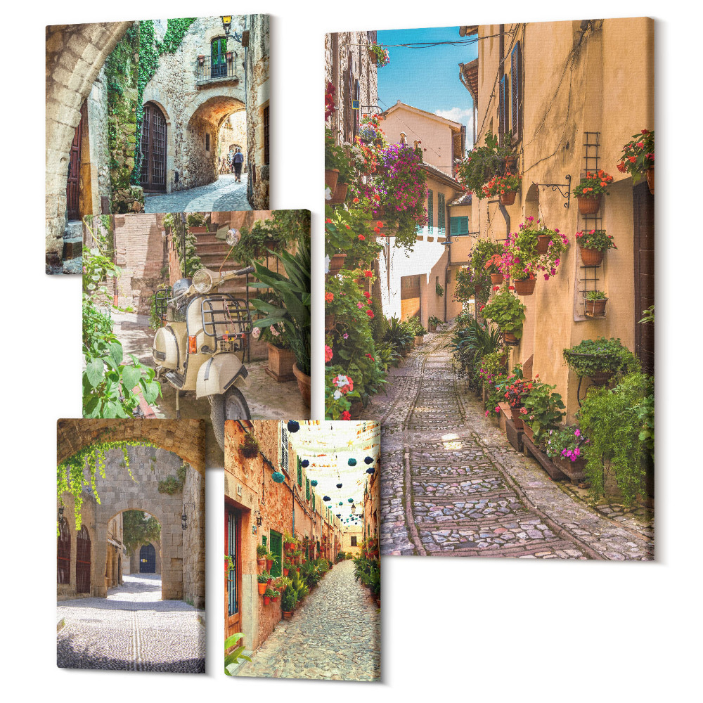 Öt részes vászonkép szett Bájos utcák virágokkal olasz és mediterrán stílusban