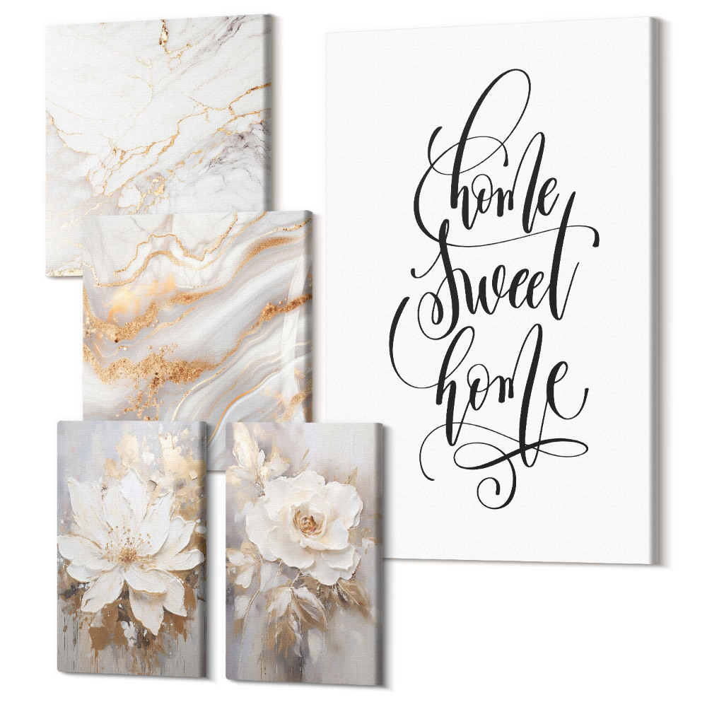 Öt részes vászonkép szett Stílusos virágok és elegáns márvány minták a belső terekhez