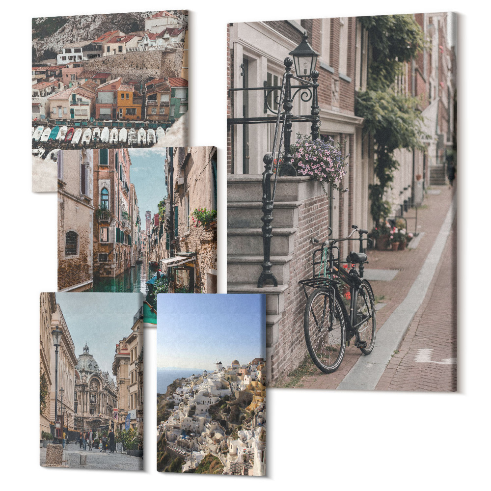 Öt részes vászonkép szett Európai városok bájos utcái kerékpárokkal és csatornákkal