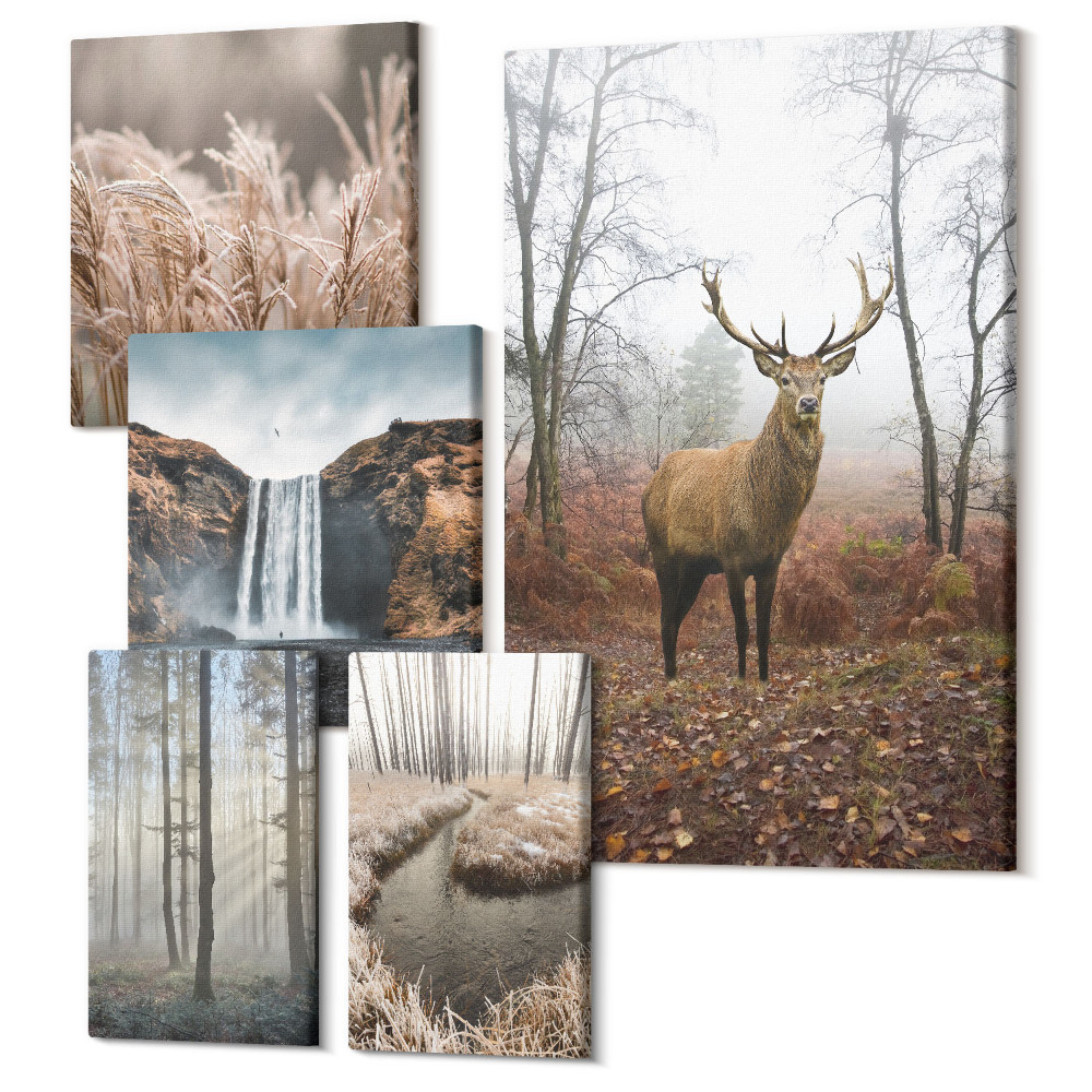 Vászonkép ötrészes Természetes vadon élő tájak erdei állatokkal
