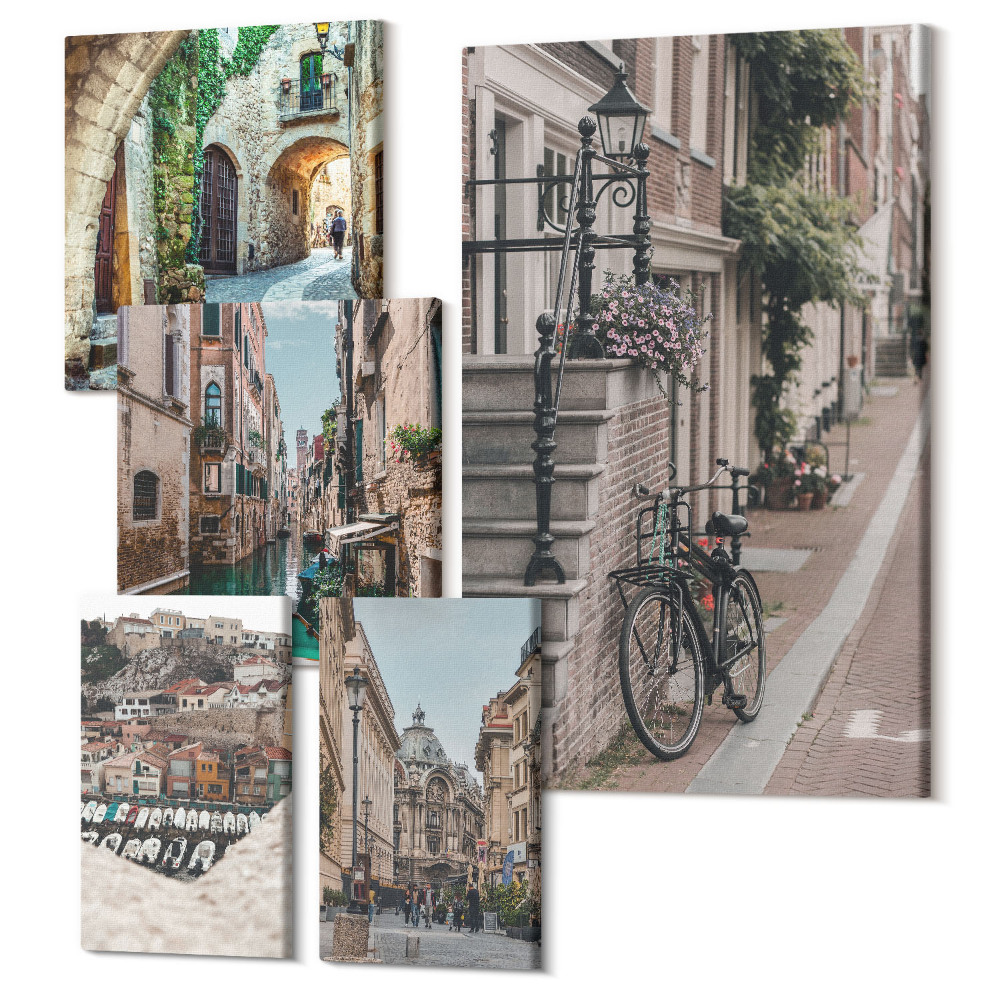 Öt részes vászonkép szett Európai városok bájos utcái kerékpárokkal és csatornákkal