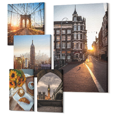 Vászonkép ötrészes Bájos kilátás a városra, építészet és naplemente