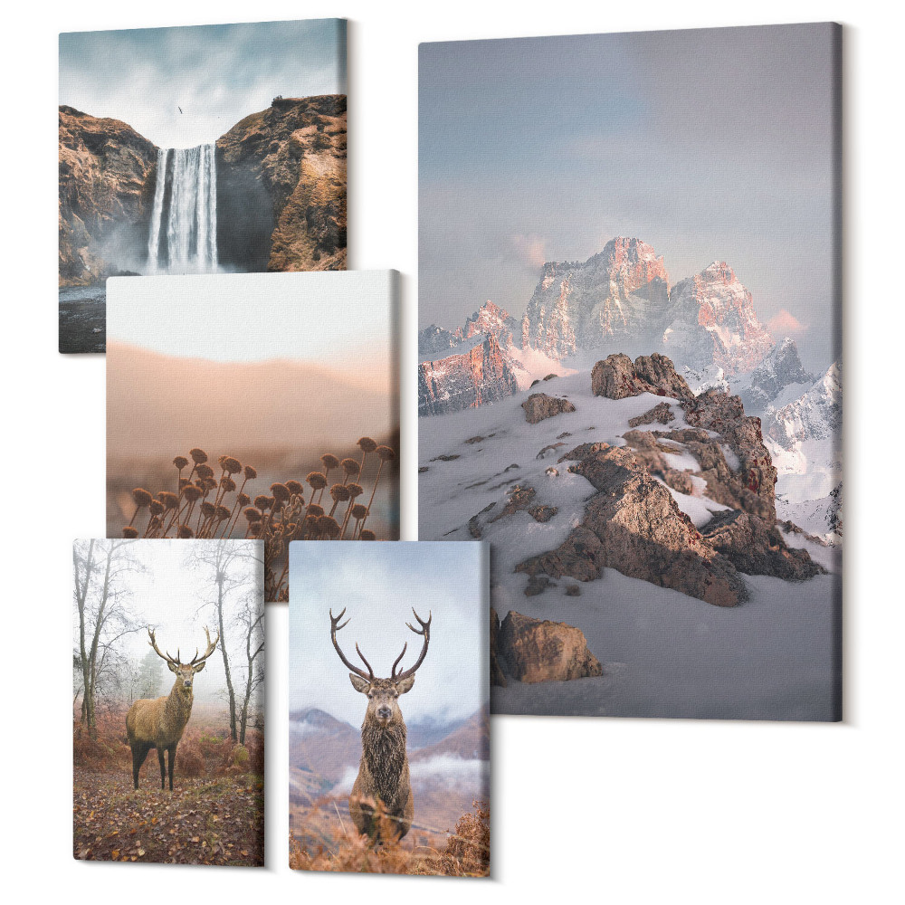 Öt részes vászonkép szett Hegyi tájak vadon élő állatokkal és állatokkal