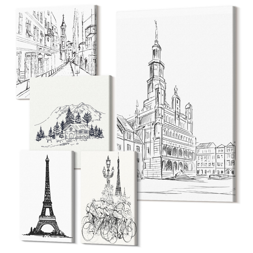 Öt részes vászonkép szett Stílusos illusztrációk építészetről és városi tájakról