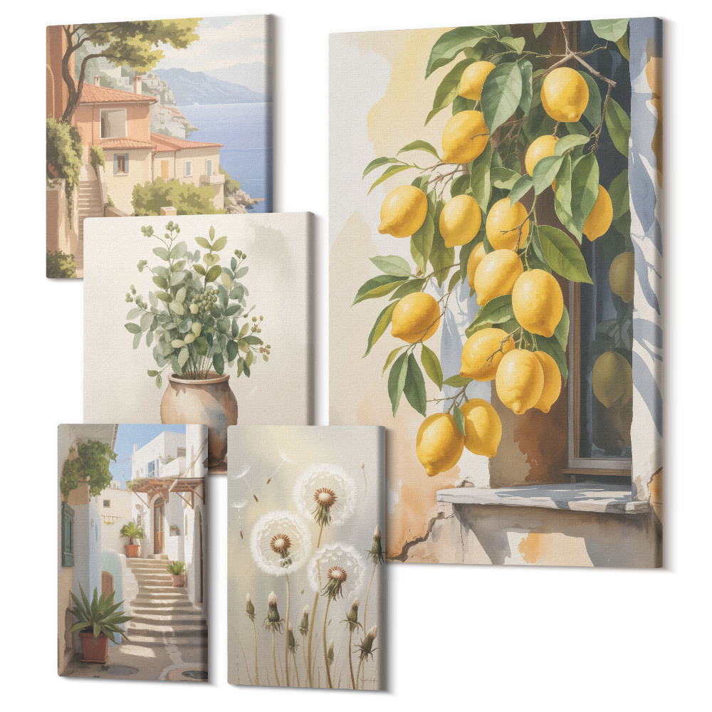 Öt részes vászonkép szett Mediterrán stílusú citrusos akcentusok és botanikai motívumok