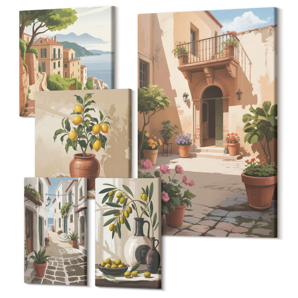 Vászonkép ötrészes Hangulatos utcák és virágos díszítések mediterrán stílusban