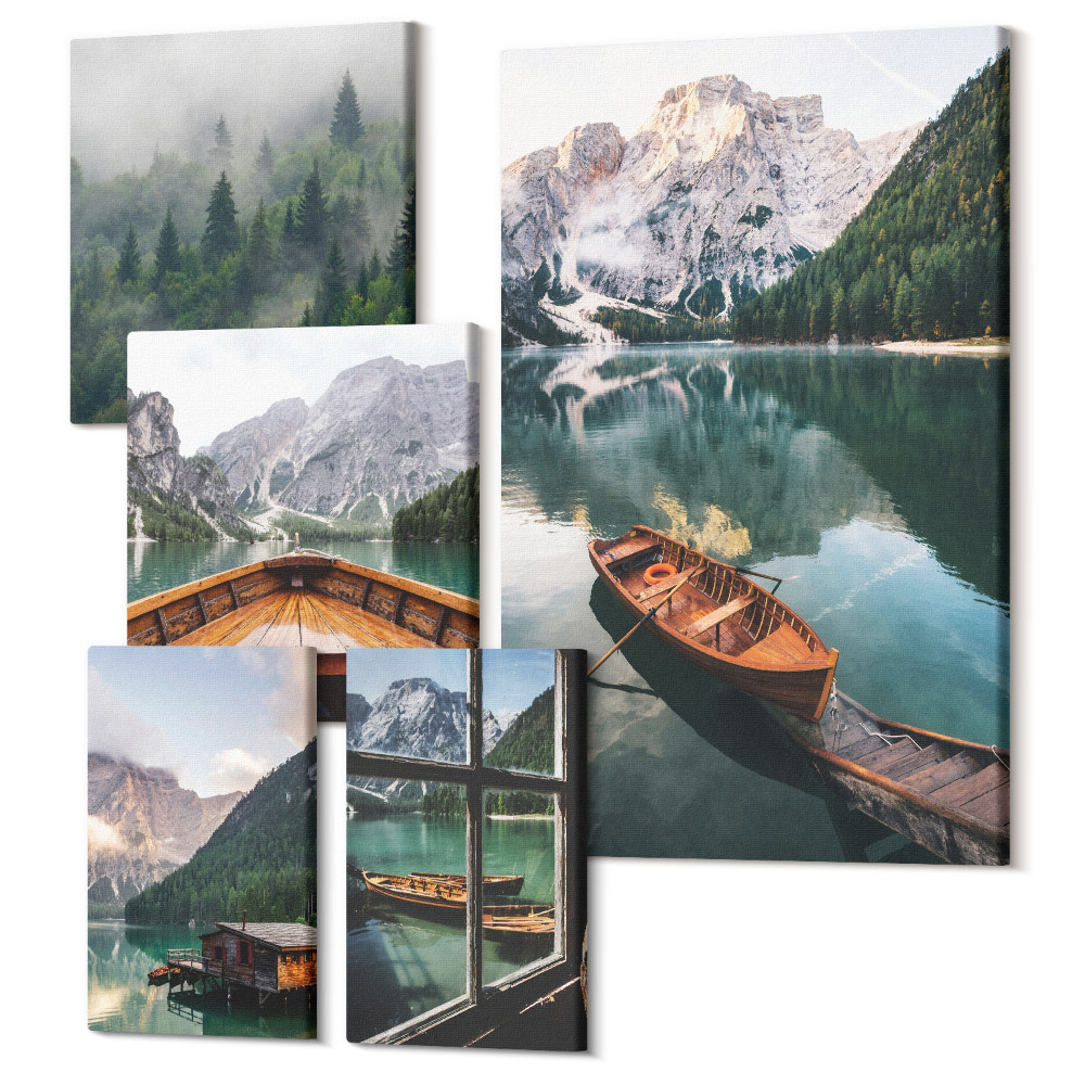 Öt részes vászonkép Nyugodt kilátás a hegyi tavakra és a festői hajókra