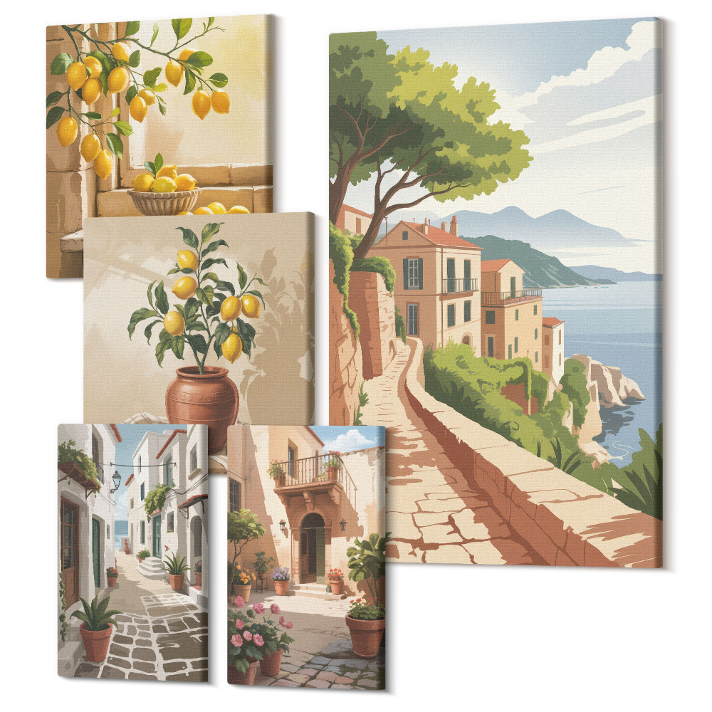 Öt részes vászonkép szett Bájos kilátás a mediterrán utcákra és a természetre