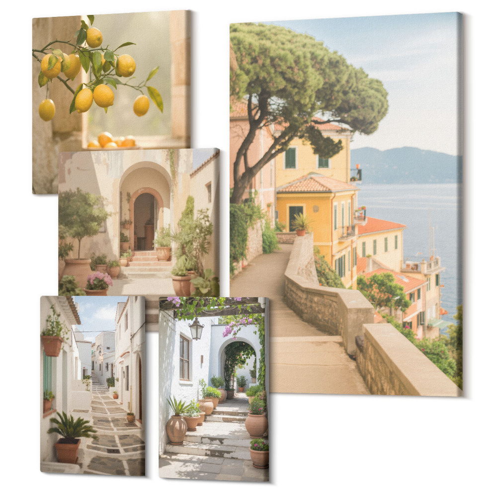Vászonkép ötrészes Bájos utcák és mediterrán stílusú gyümölcsök