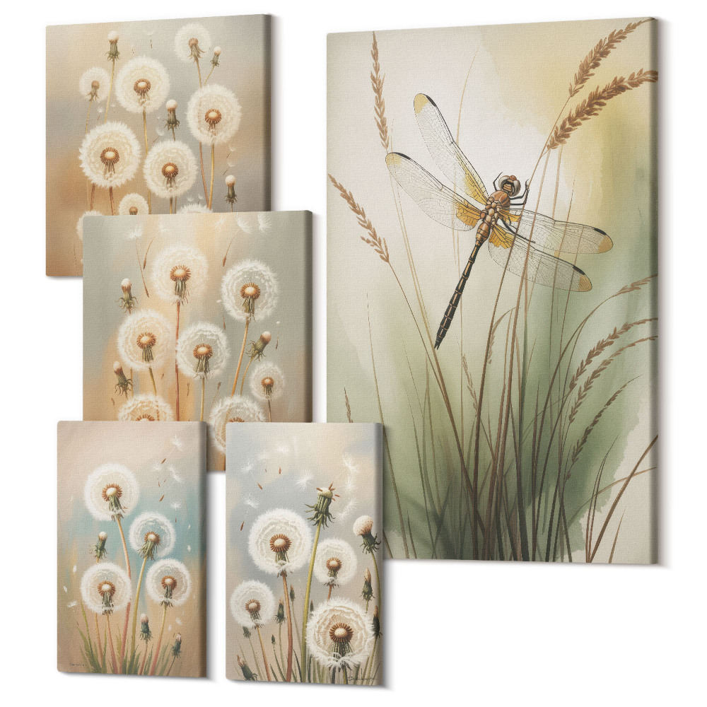 Vászonkép ötrészes Növényi motívumok szitakötőkkel és pitypanggal természetes stílusban