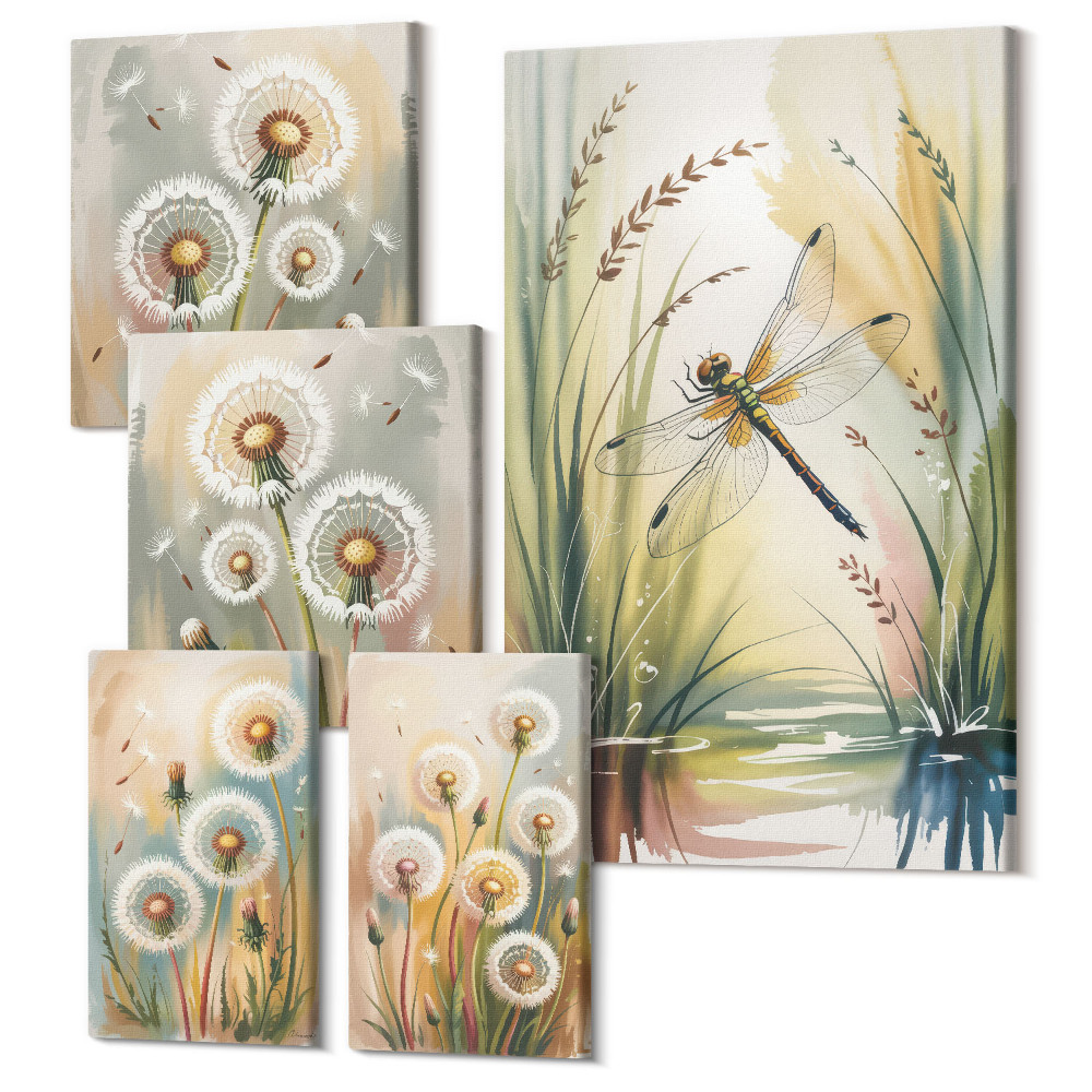 Öt részes vászonkép Virágos motívumok szitakötőkkel, finom, természetes stílusban