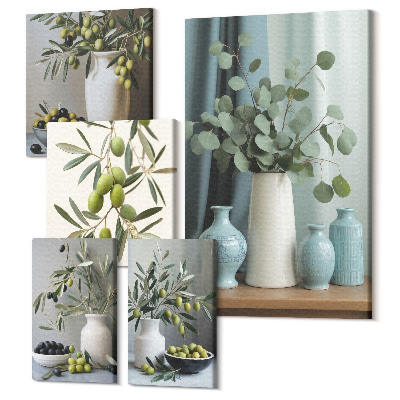 Vászonkép ötrészes Zöld olajbogyó és virágok skandináv stílusban