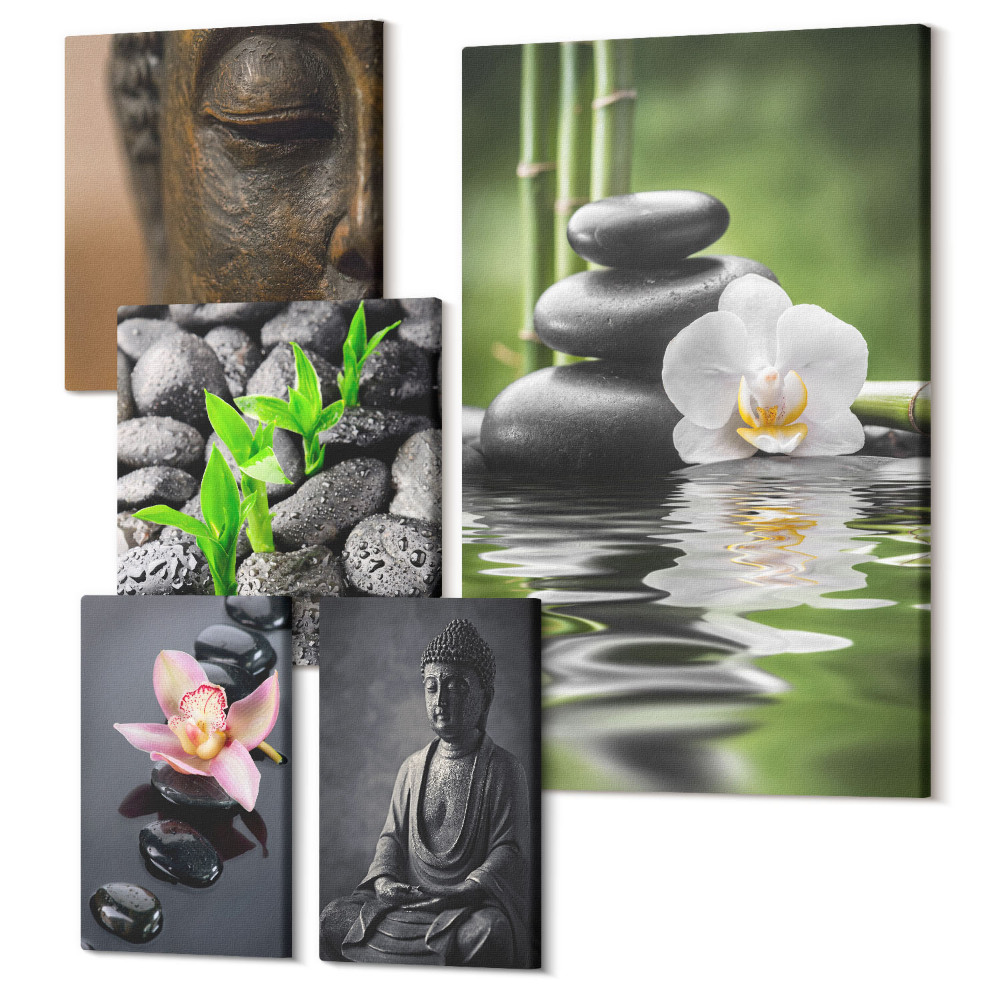 Vászonkép ötrészes Pihentető zen hangulat kövekkel és virágokkal
