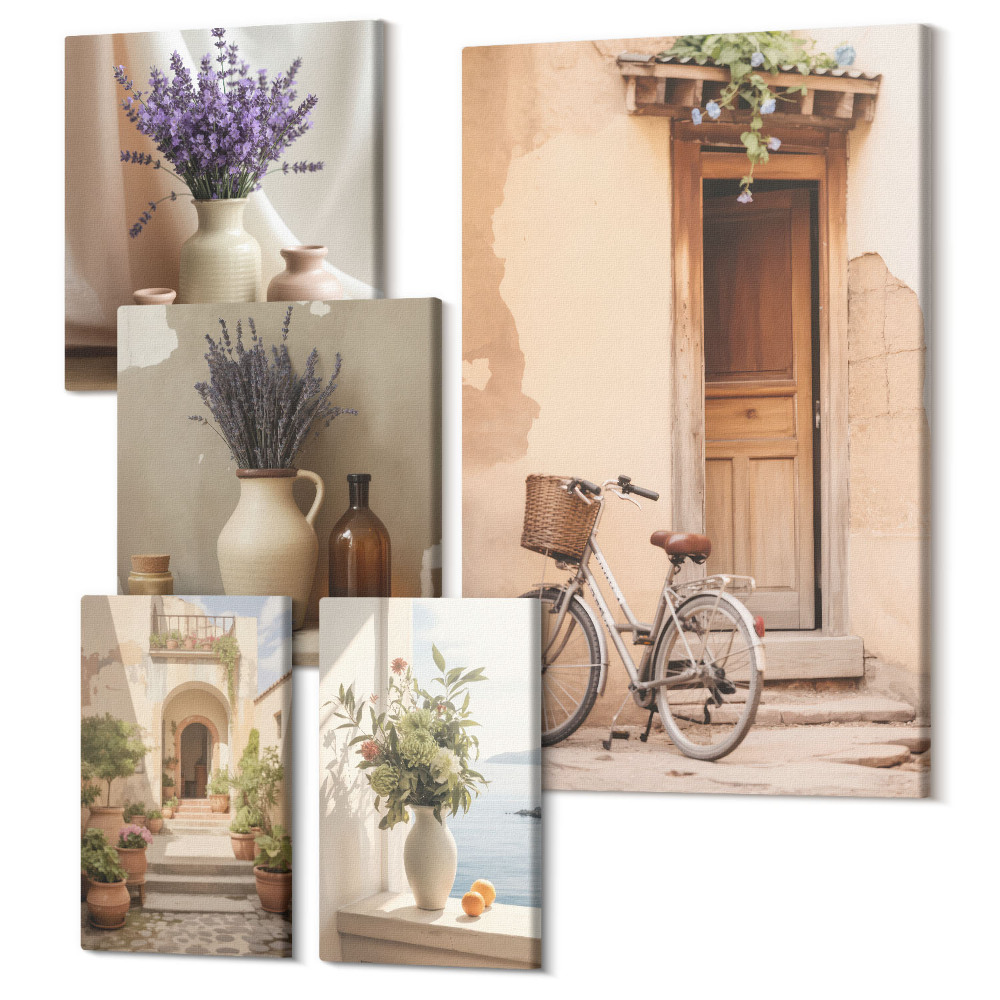 Öt részes vászonkép Stílusos belső terek virágmotívumokkal és kerékpárral