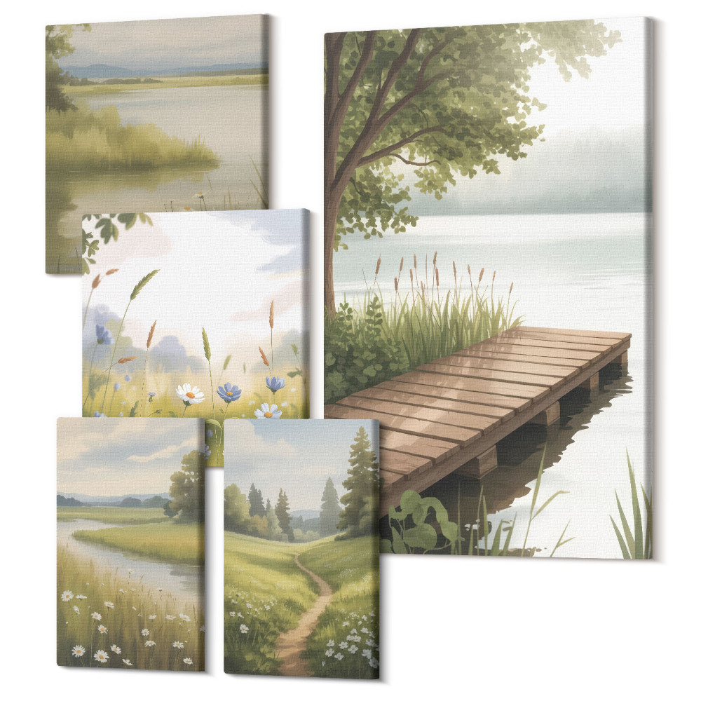 Vászonkép ötrészes Békés természeti tájak fából készült mólóval és rétekkel