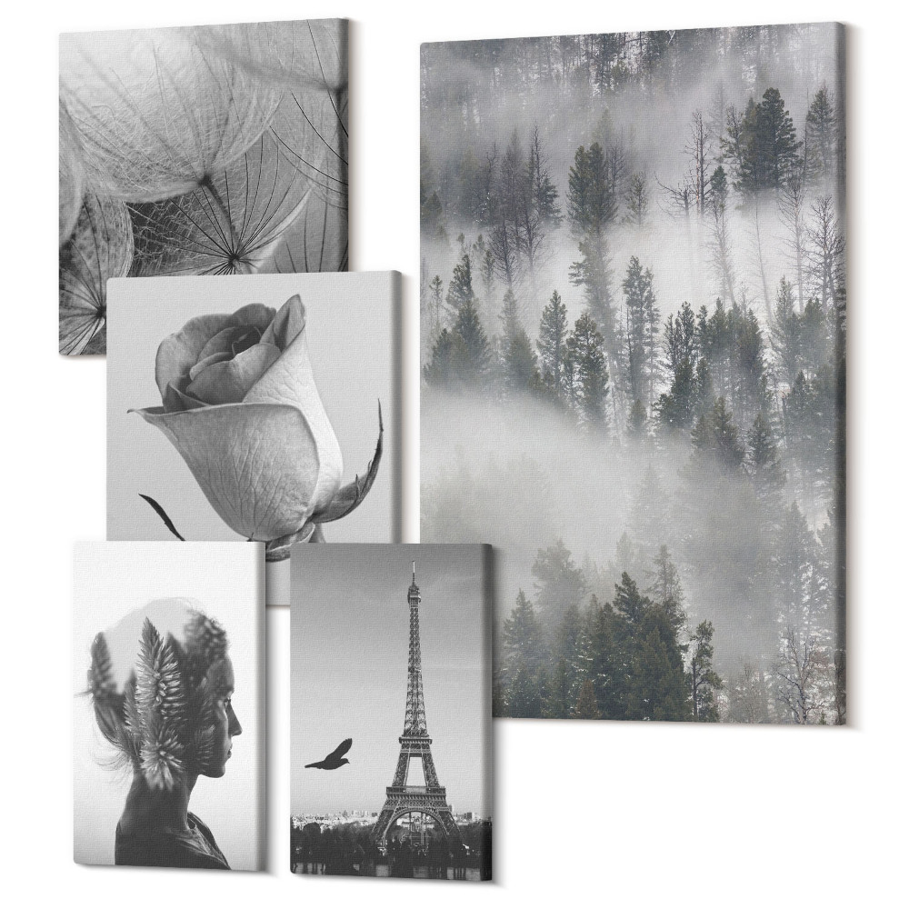 Öt részes vászonkép szett Fekete-fehér inspiráció a természettel és egy európai várossal