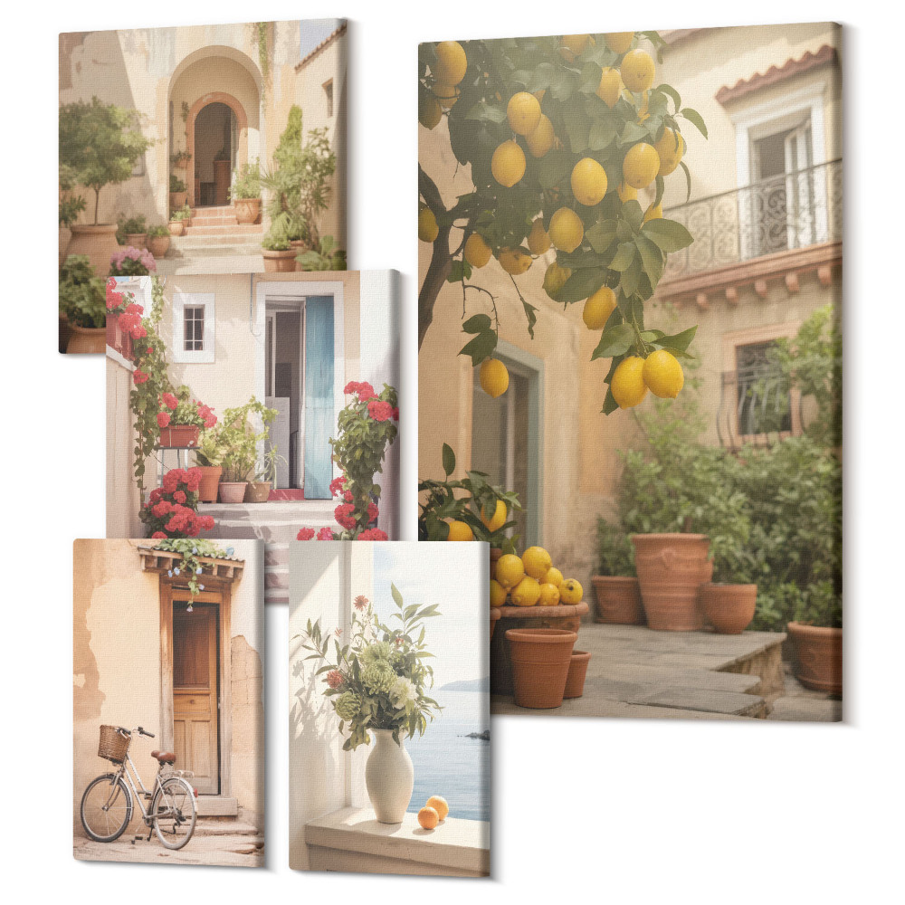 Öt részes vászonkép Hangulatos utcák virágokkal és citrusfákkal, provence-i stílusban