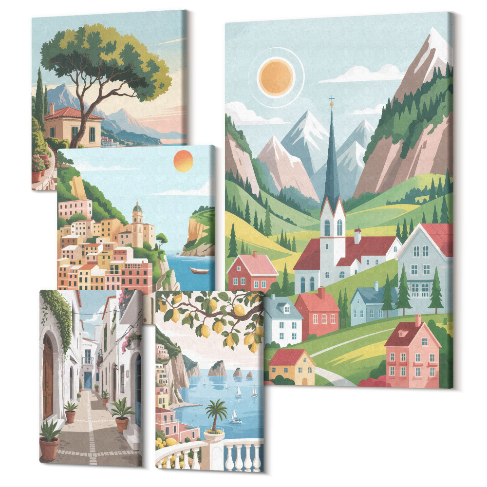 Vászonkép ötrészes Bájos hegyi tájak és tengerparti városok