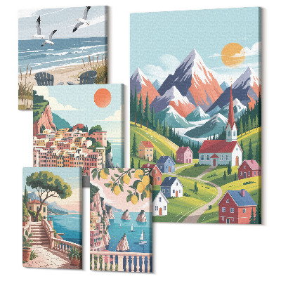 Öt részes vászonkép szett Hegyi és tengerparti tájak retro stílusban