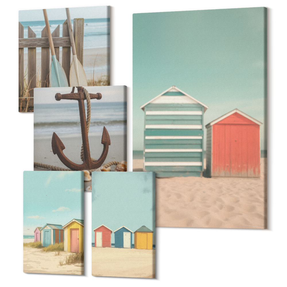 Öt részes vászonkép Stílusos tengerparti házak tengeri elemekkel és kiegészítőkkel