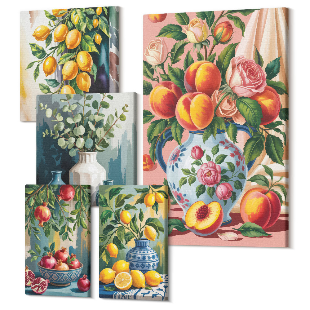 Öt részes vászonkép szett Gyümölcs kompozíciók virágokkal és kerámia edényekkel