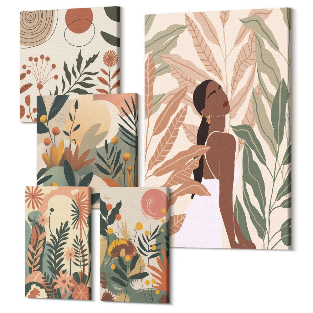 Öt részes vászonkép szett Boho stílus figurákkal és növényi motívumokkal