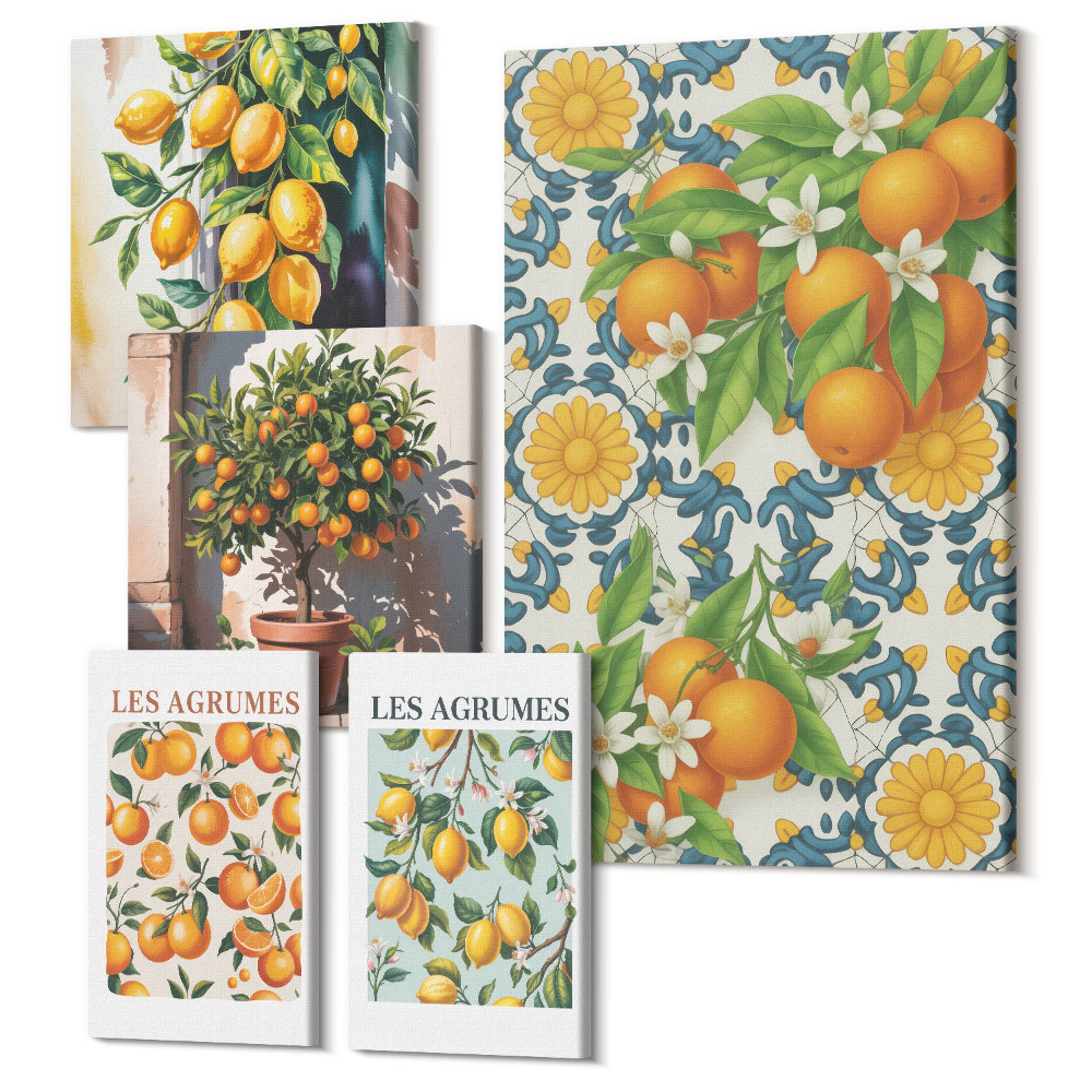 Öt részes vászonkép Citrus inspiráció gyümölcsökkel és virágokkal vintage stílusban