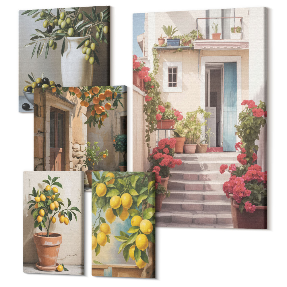 Öt részes vászonkép szett Hangulatos kilátás a citrommal szegélyezett mediterrán utcákra
