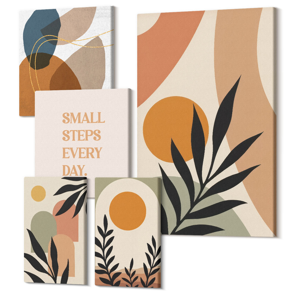 Öt részes vászonkép szett Stílusos grafika növényi motívumokkal és absztrakt formákkal