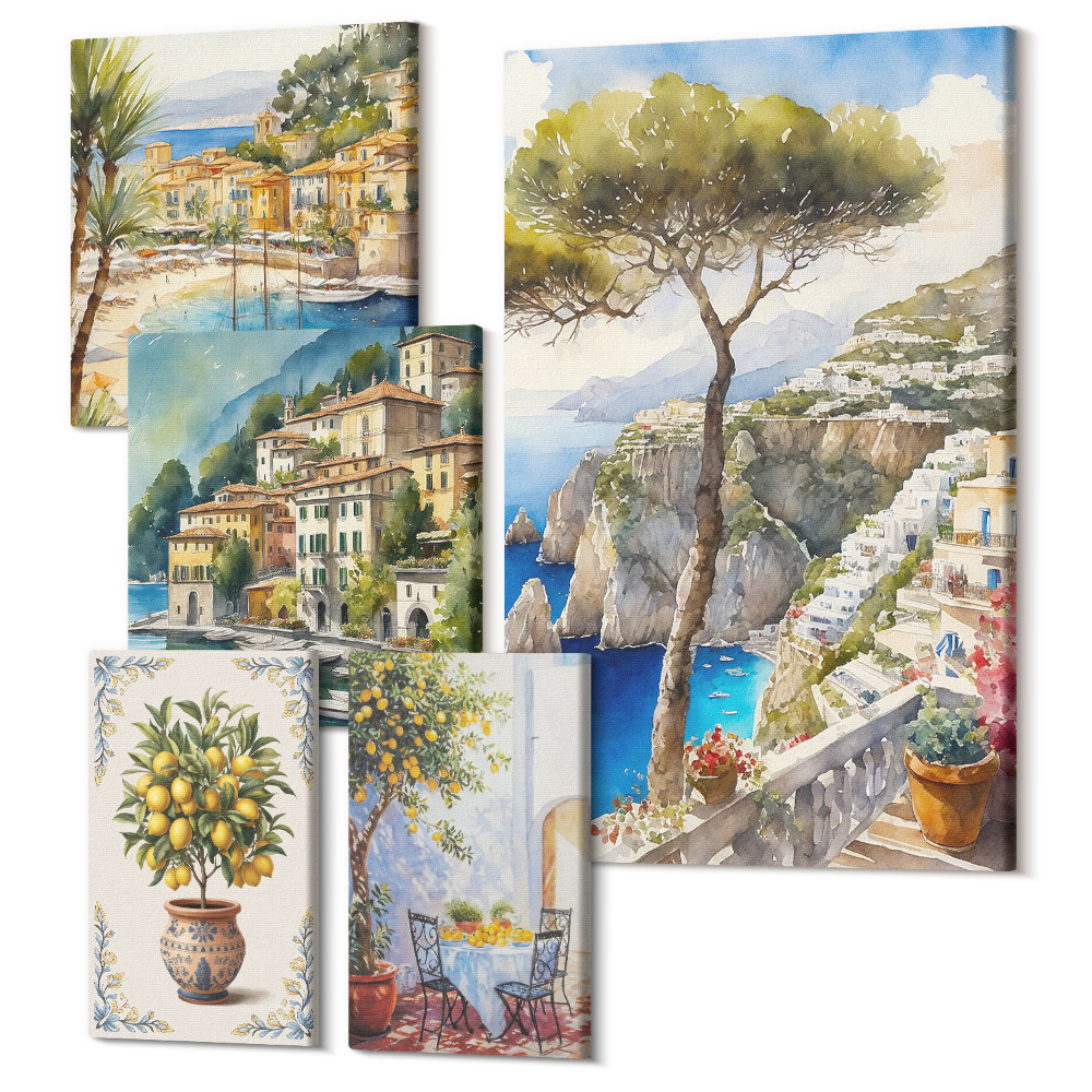 Öt részes vászonkép szett Stílusos kilátás az olasz tengerparti városokra és tájakra