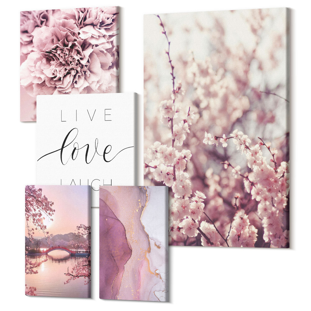 Vászonkép ötrészes Virágmotívumok inspiráló szlogenekkel, pasztell tónusokban