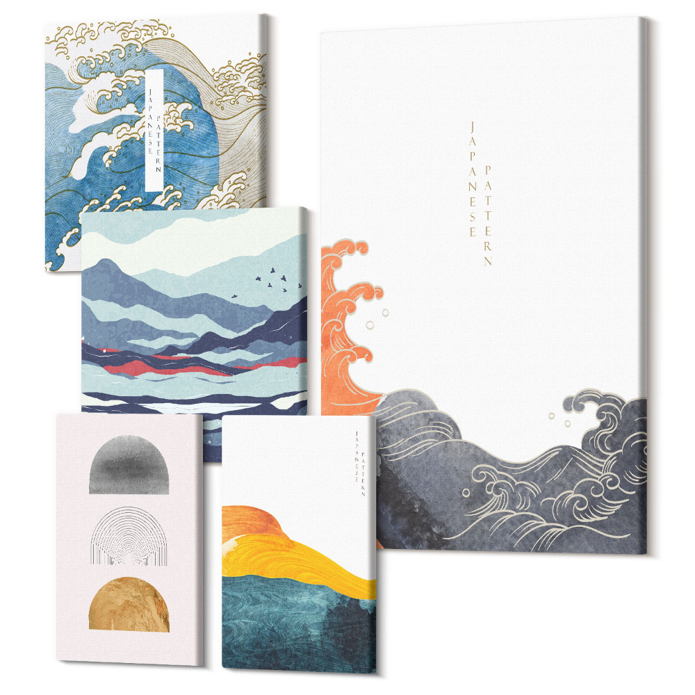 Öt részes vászonkép szett Japán stílusú hullámok hegyek absztrakt dekoratív minták