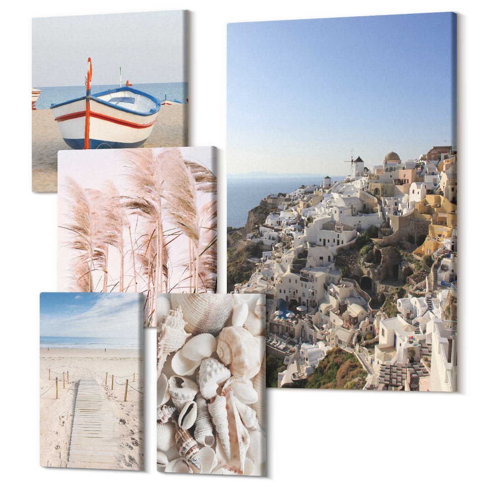 Vászonkép ötrészes Tengerparti tájak strandokkal és fehér épületekkel