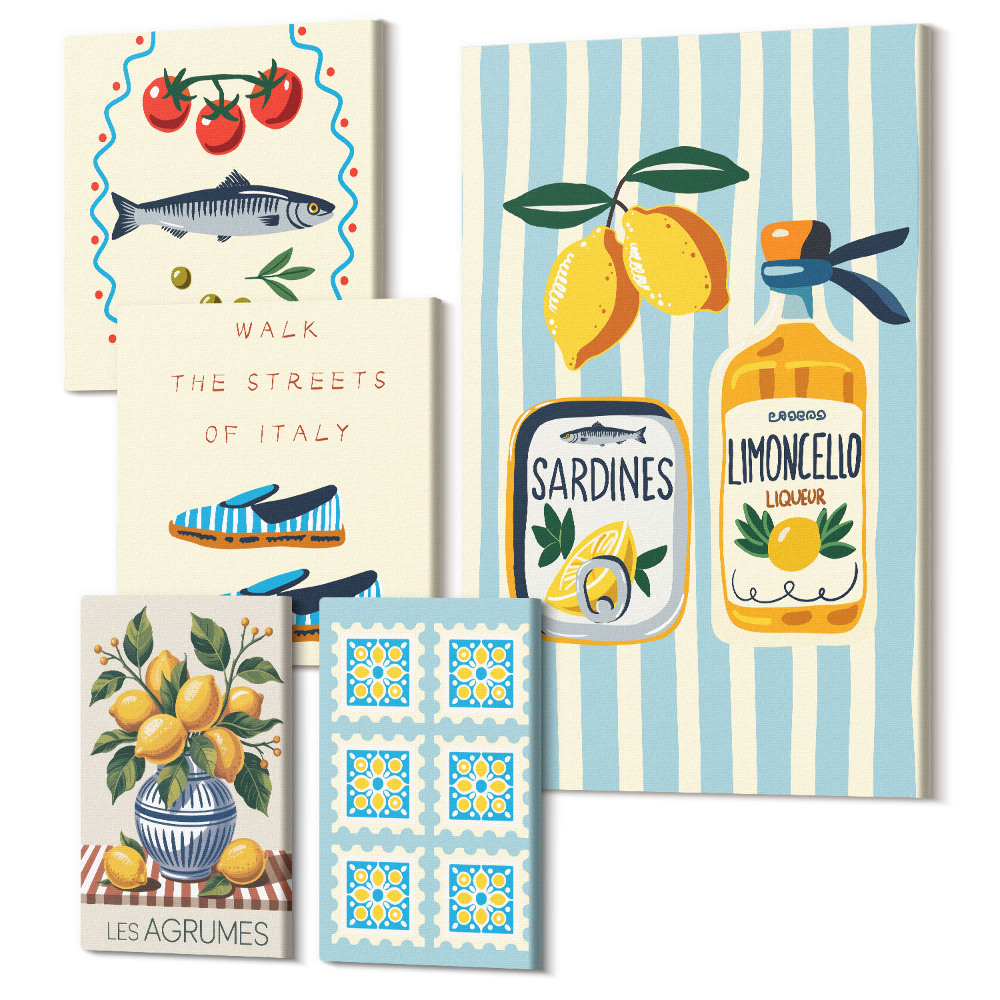 Vászonkép ötrészes Konyhai inspirációk Olaszországból: citrusfélék és tenger gyümölcsei