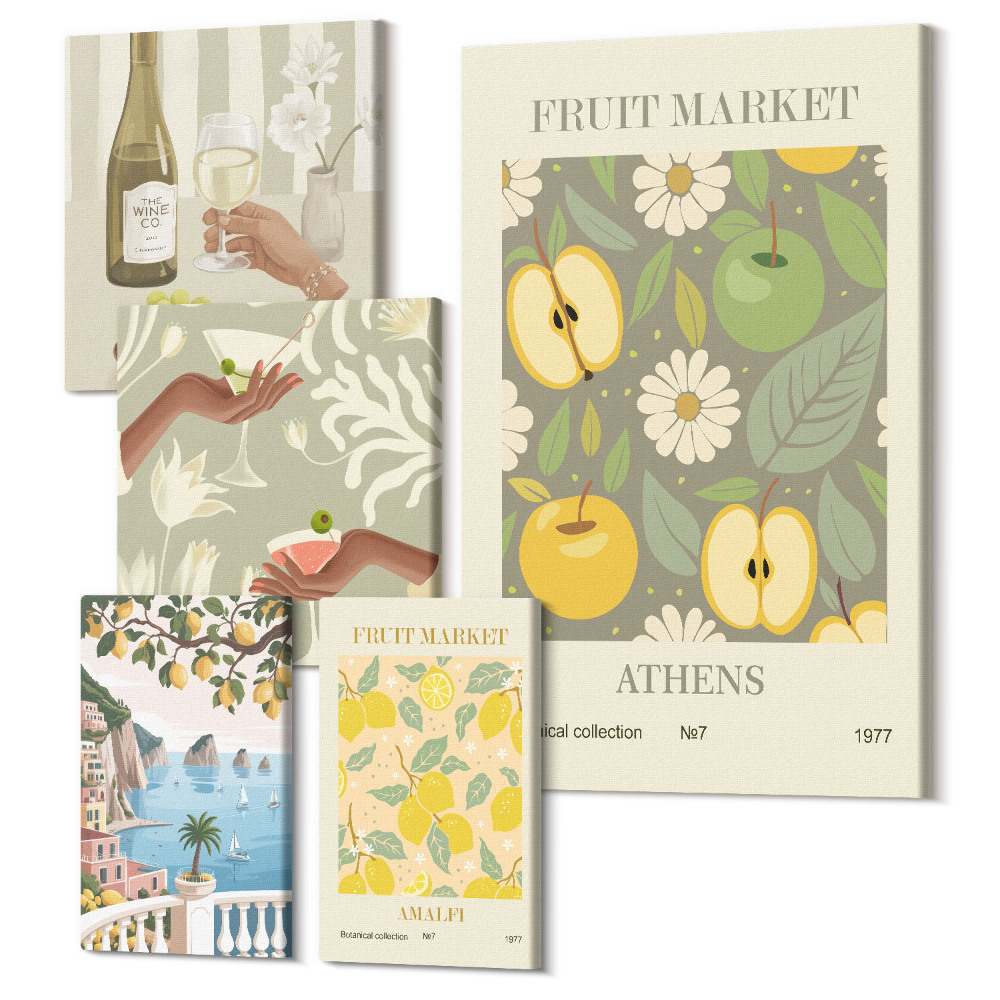 Öt részes vászonkép szett Atmoszférikus gyümölcsök és botanikai illusztrációk az 1970-es évekből