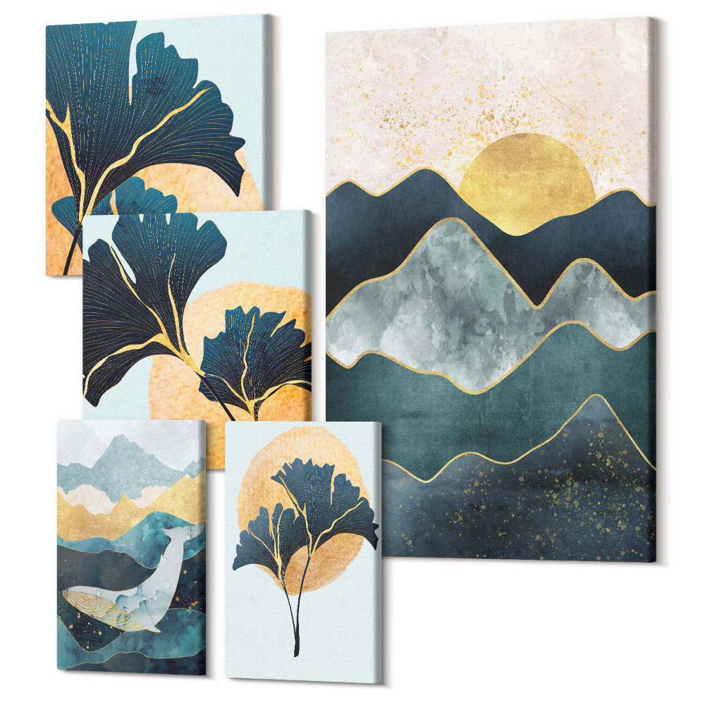 Vászonkép ötrészes Stílusos hegyi tájak dekoratív növényi ékezetekkel