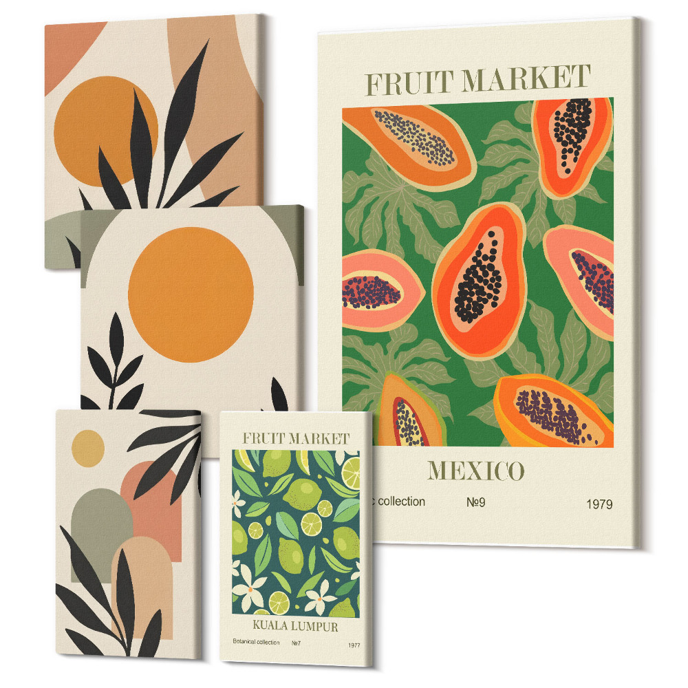 Öt részes vászonkép Trópusi gyümölcsök retro stílusban egzotikus motívumokkal