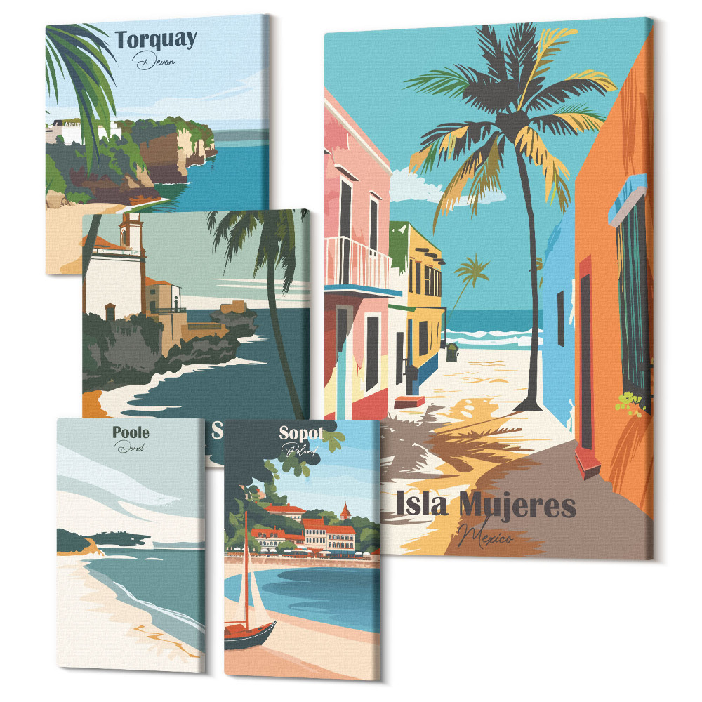 Öt részes vászonkép Színes kilátás a tengerparti városokra és a strandokra