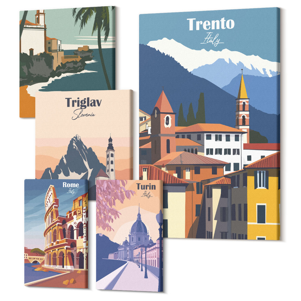 Öt részes vászonkép szett Európai városok és tájak retro stílusban