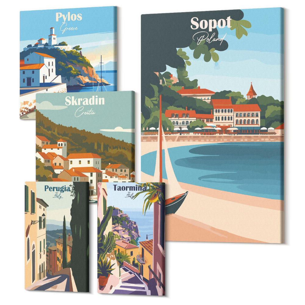 Öt részes vászonkép szett Tengerparti városok tájai retro és nyaralás stílusban