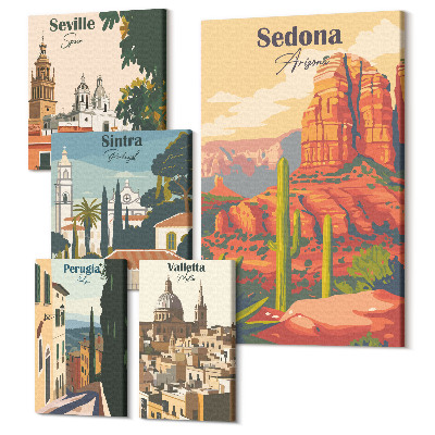 Vászonkép ötrészes Turisztikai tájak a világ különböző városaiból