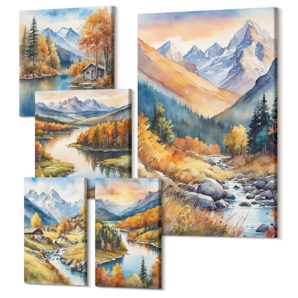 Vászonkép ötrészes Őszi hegyi tájak folyókkal és nyaralók az erdőben